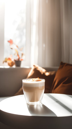 A cup of cappuccino on a white table in the sunlightの素材