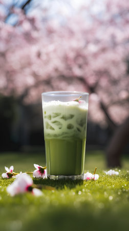 Iced matcha green tea latte in glass with pink cherry blossom background.の素材
