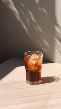 Glass of iced coffee with ice cubes on a table in sunlightの素材