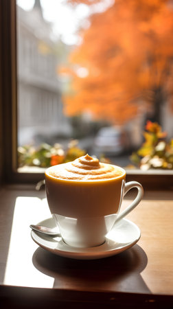 Cup of cappuccino on the windowsill with autumn backgroundの素材