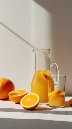 Orange juice in a glass jug and oranges on a white table.の素材