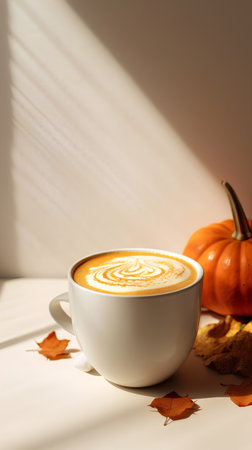 Pumpkin latte art on a white background with autumn leaves.の素材