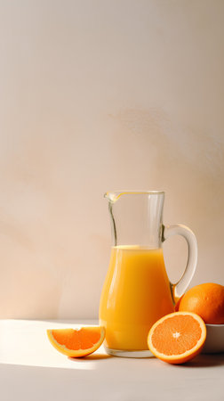 Fresh orange juice in a glass jug on a beige background.の素材