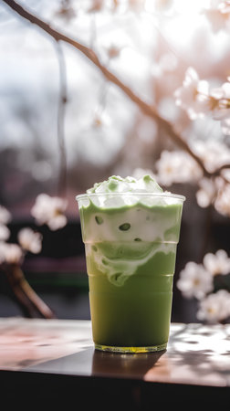Iced matcha green tea latte in a glass on the table with cherry blossoms background.の素材