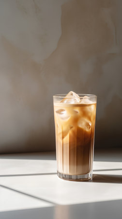 Iced coffee in a tall glass on a white table with shadows.の素材