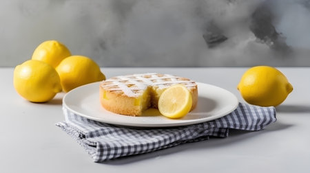 Lemon cake on a plate with lemons on a gray backgroundの素材