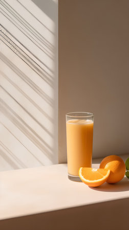 Glass of fresh orange juice on table near window with shadows on wallの素材