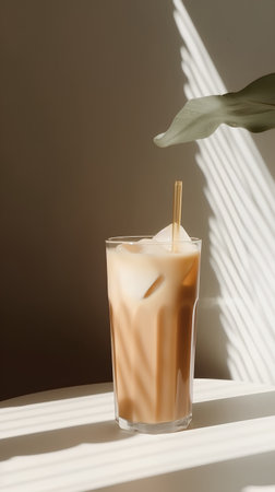 Iced coffee in a tall glass with a straw on a beige backgroundの素材