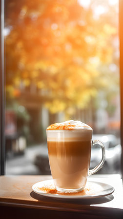 Cappuccino in a cup on the background of the windowの素材