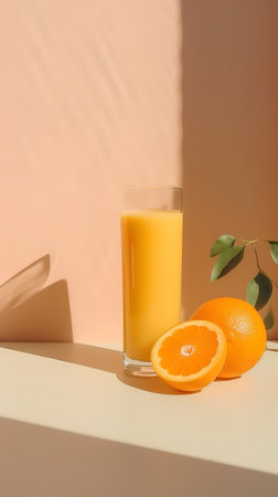 Glass of orange juice with fresh fruits on orange background. 3d renderの素材