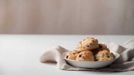 Chocolate chip cookies in a white plate on a light background.の素材