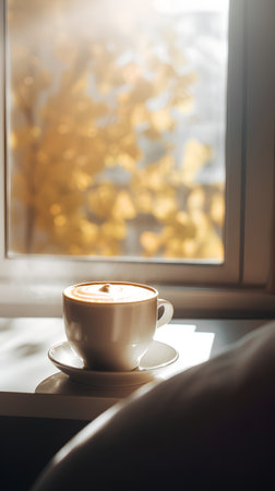 Cup of coffee on the windowsill with autumn leaves in the backgroundの素材