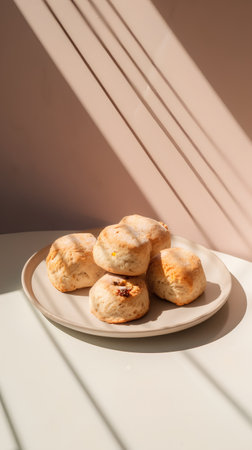 Scones with raisins on a plate on a beige backgroundの素材
