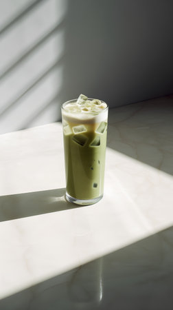 Iced matcha latte coffeele table in morning sunlightの素材