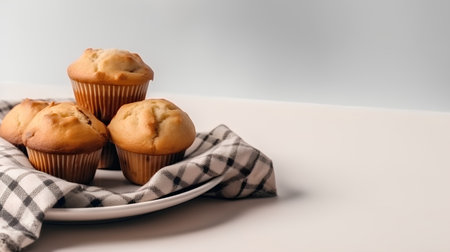 Homemade muffins on a plate with napkin on a white backgroundの素材