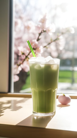 Iced matcha green tea latte in a tall glass with a straw and pink cherry blossoms in the backgroundの素材