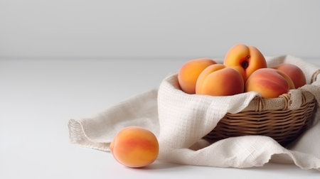 Ripe apricots in a basket on a white background.の素材