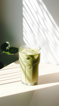Iced matcha latte in glass on white table with shadow from windowの素材