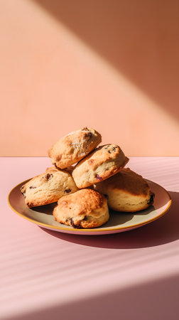 Scones with raisins on a plate on a pastel background with shadowsの素材