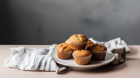 Homemade muffins on a plate on a wooden table, selective focusの素材