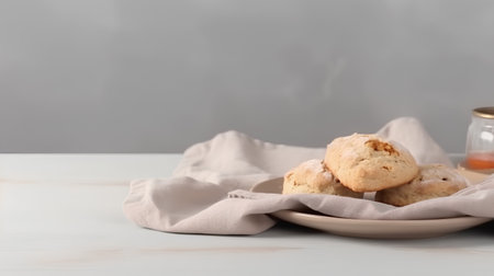 Scones on a plate with a cup of tea on a gray backgroundの素材