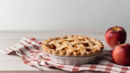 Apple pie on a white plate and red apples on a wooden tableの素材