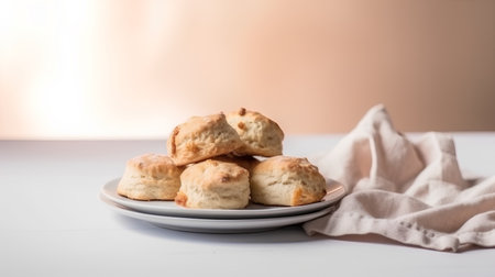 Freshly baked scones on a white plate with a linen clothの素材