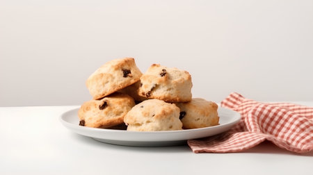 Homemade scones with raisins in a plate on a white backgroundの素材