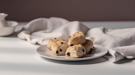 Scones with raisins on a plate on a white tableの素材
