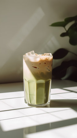 Iced latte coffee in a glass on the table in sunlightの素材