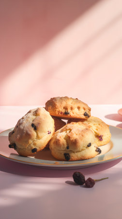 Three scones with raisins on a plate on a pink backgroundの素材