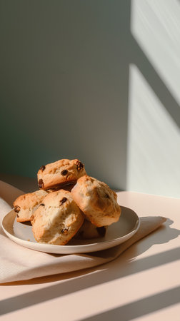 Scones with raisins on a white plate on a light background.の素材