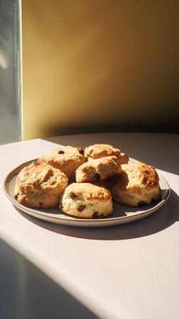Scones with raisins on a plate in the sunlightの素材