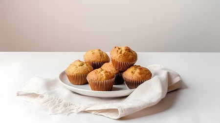 Homemade muffins on a white plate with a linen napkinの素材