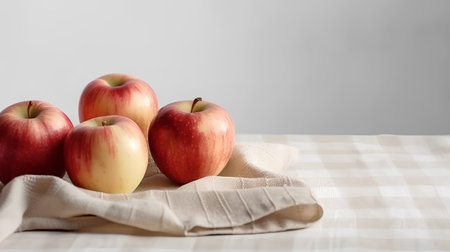 Red apples on a tablecloth on a gray background, selective focusの素材
