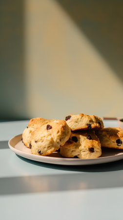 Scones with raisins on a plate on a blue backgroundの素材