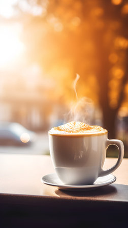 Coffee cup on the terrace with bokeh backgroundの素材