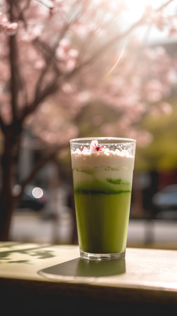 Matcha green tea latte in a glass with cherry blossom backgroundの素材