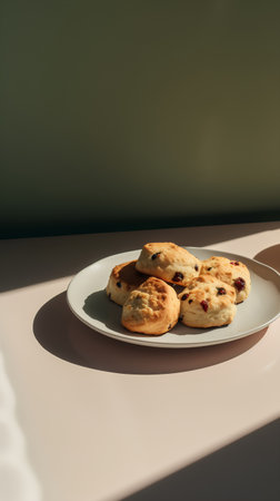 Freshly baked scones on a white plate with shadow from the window.の素材
