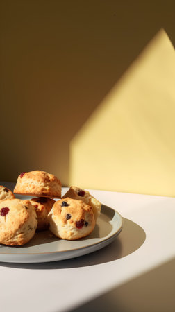 Homemade scones with raisins on a white plate on a yellow background.の素材