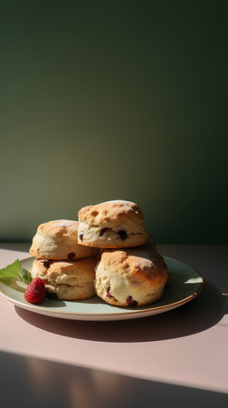 Freshly baked scones with berries on a plate on a green backgroundの素材