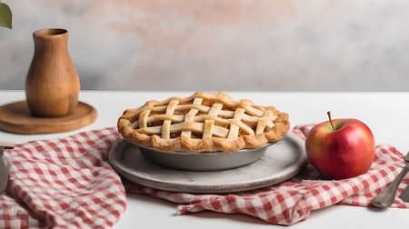 Apple pie on a plate with red and white checkered tableclothの素材