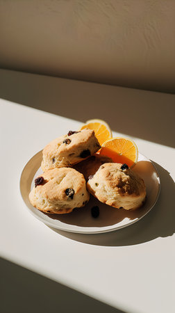Scones with raisins and orange slices on a plate in sunlightの素材