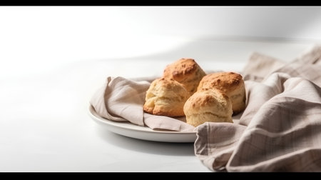 Homemade scones on a white plate with a linen napkinの素材
