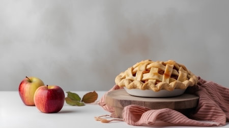 Apple pie in a ceramic bowl on a wooden stand with apples on a light backgroundの素材
