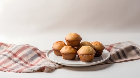 Homemade muffins on a white plate with a checkered napkinの素材