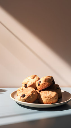 Biscuits with raisins on a white plate with shadowsの素材