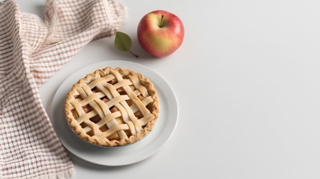 Apple pie on a white plate with a napkin and an appleの素材