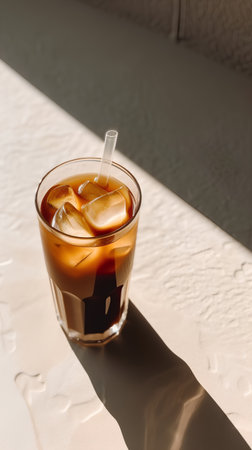 Iced coffee in a glass with ice cubes on a white backgroundの素材