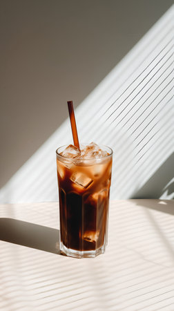 Iced coffee in a tall glass on a white table with shadows.の素材